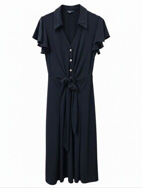 Tommy Hilfiger Flutter Sleeve Johnny Collar Knot Front Jersey Midi Dress Navy 8